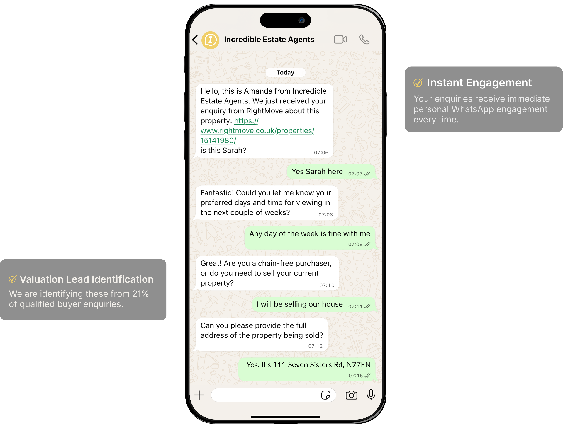 WhatsApp conversation showing AI assistant qualifying property enquiry and identifying valuation opportunities
