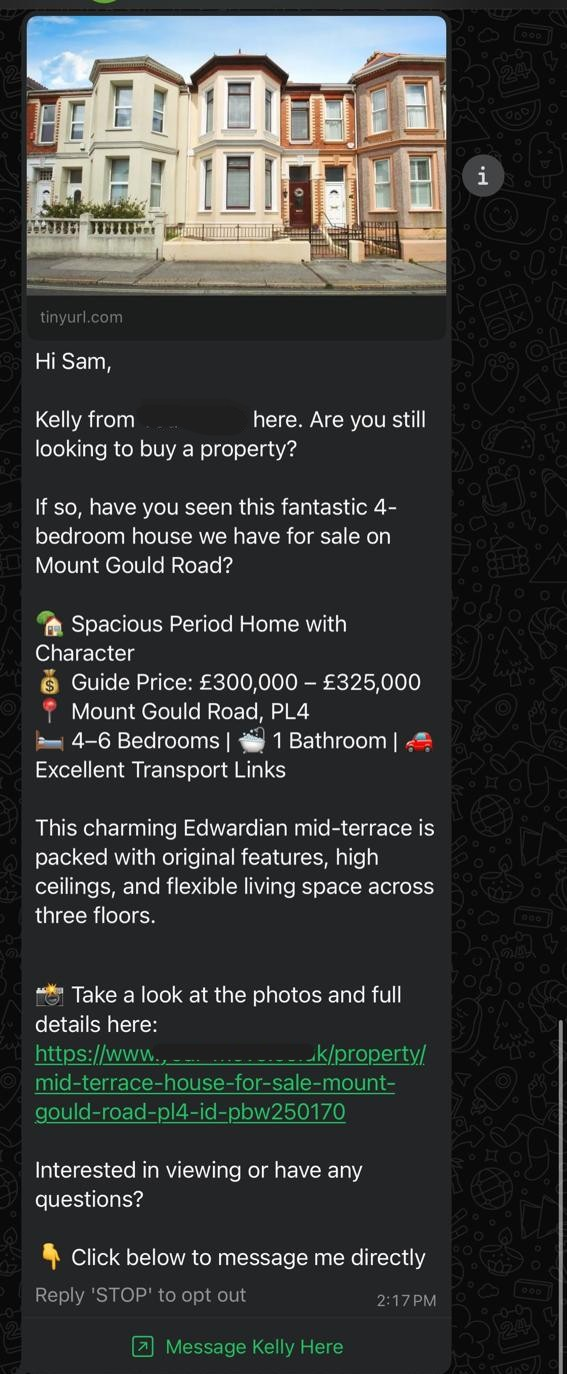 WhatsApp broadcast: period home alert