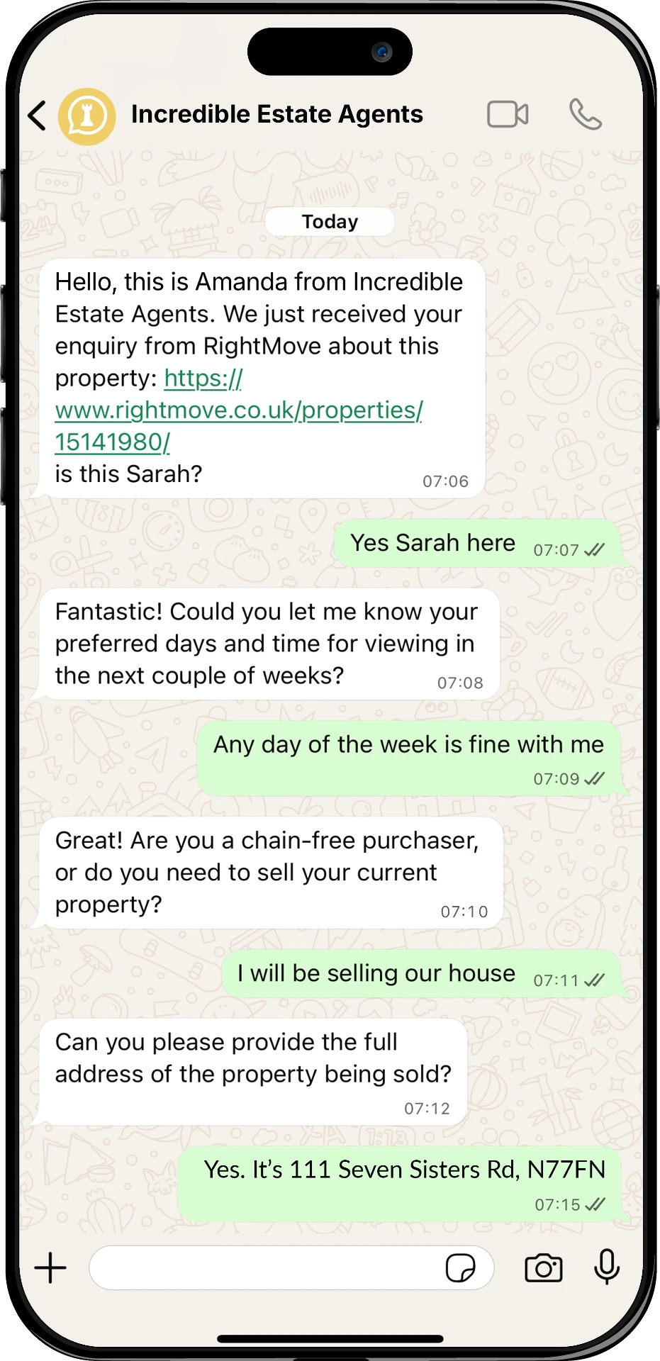 WhatsApp conversation showing the SalesRook AI qualifying a property enquiry and capturing the address of the buyer's own property to sell