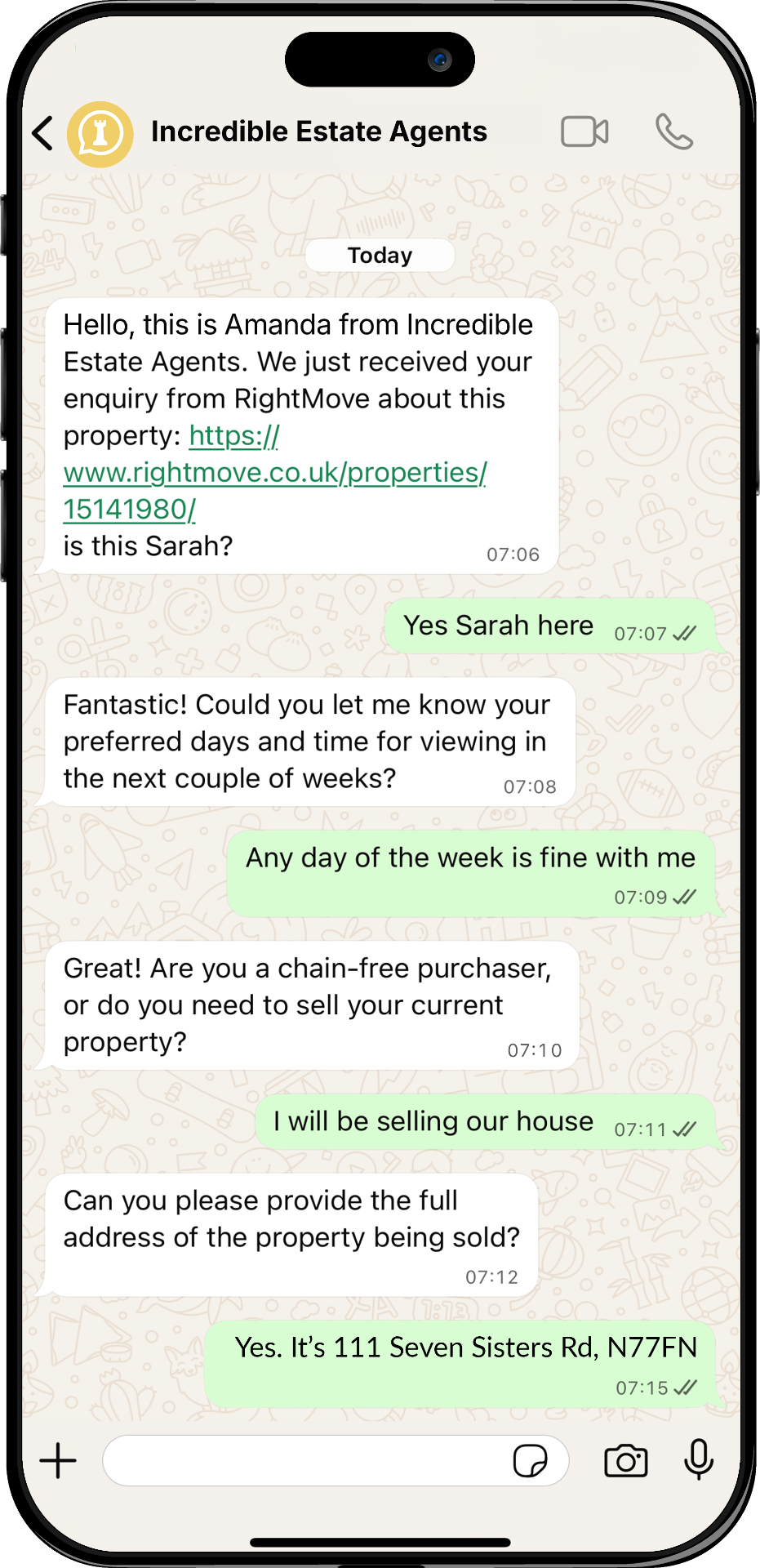 WhatsApp conversation showing AI assistant qualifying property enquiry and identifying valuation opportunities