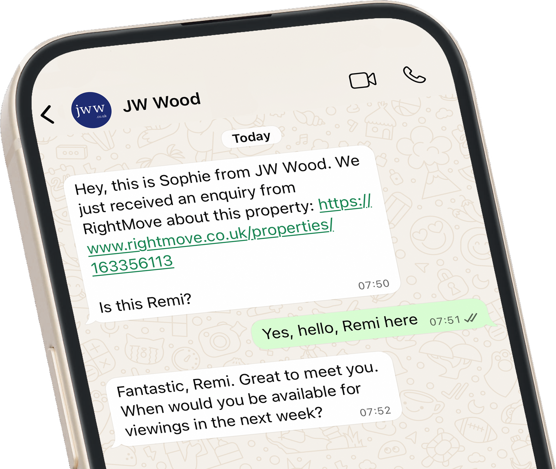 WhatsApp conversation showing AI assistant engaging with property enquiry from JW Wood