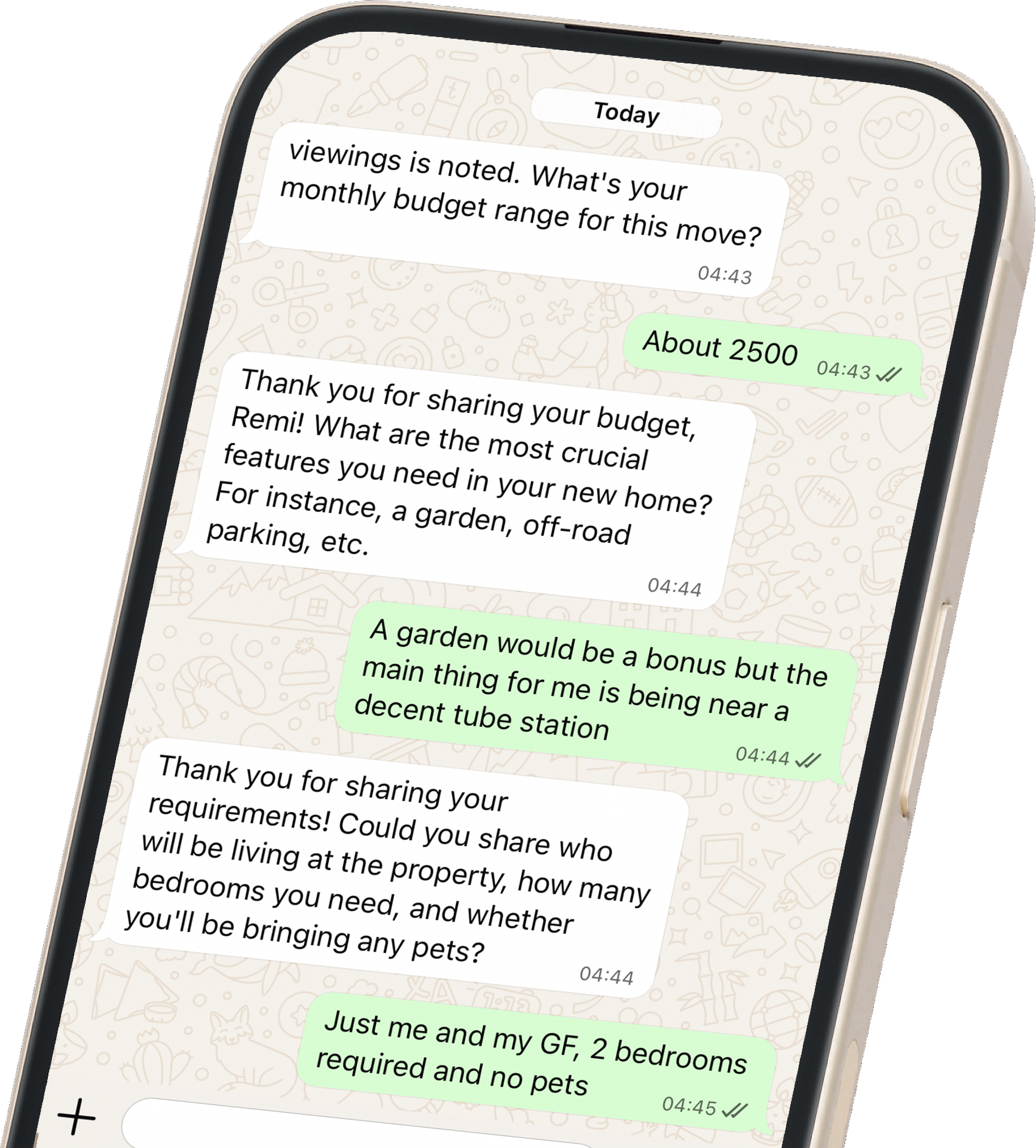 WhatsApp conversation showing AI assistant gathering detailed qualification information from property enquirer