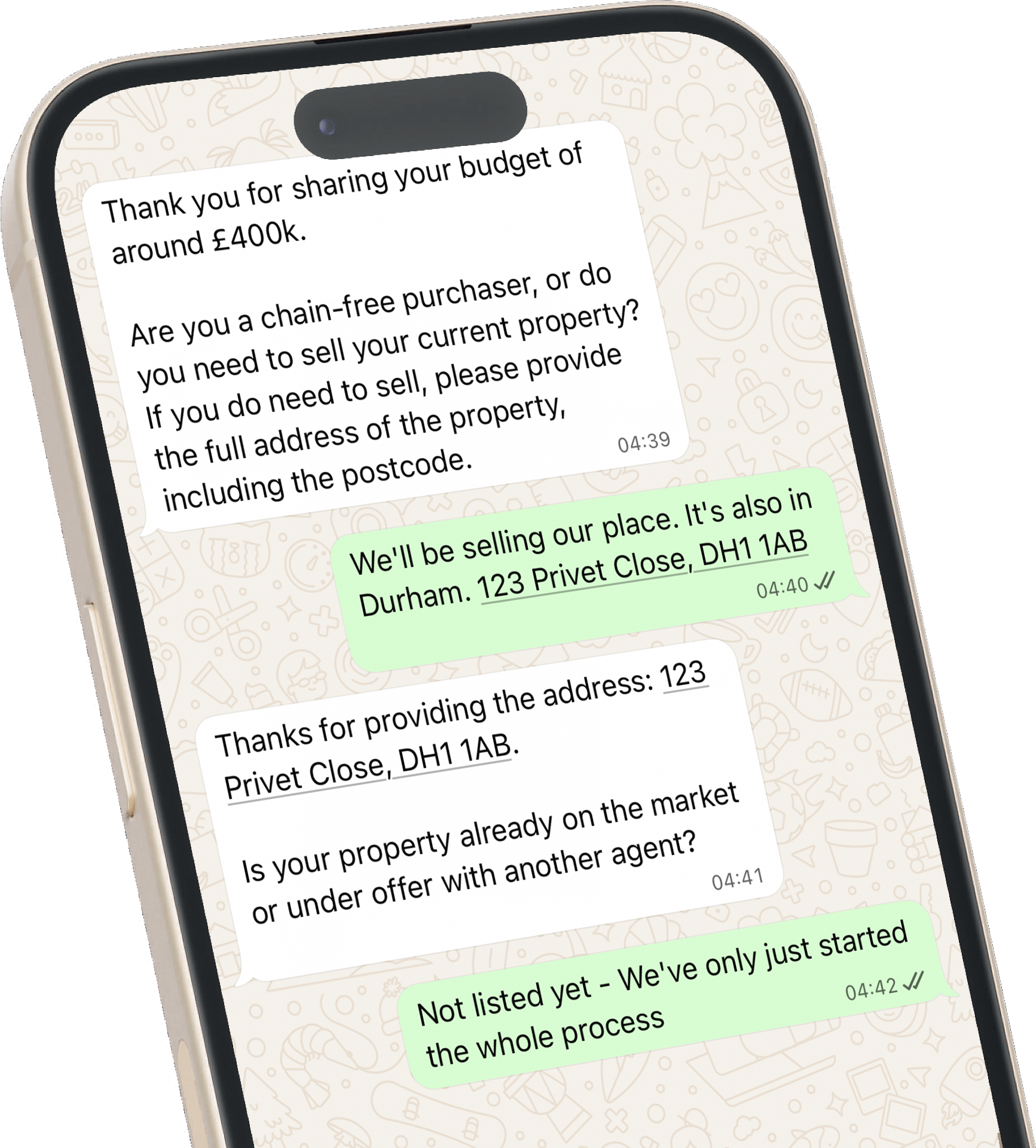 WhatsApp conversation showing AI assistant discovering valuation opportunities from property buyers