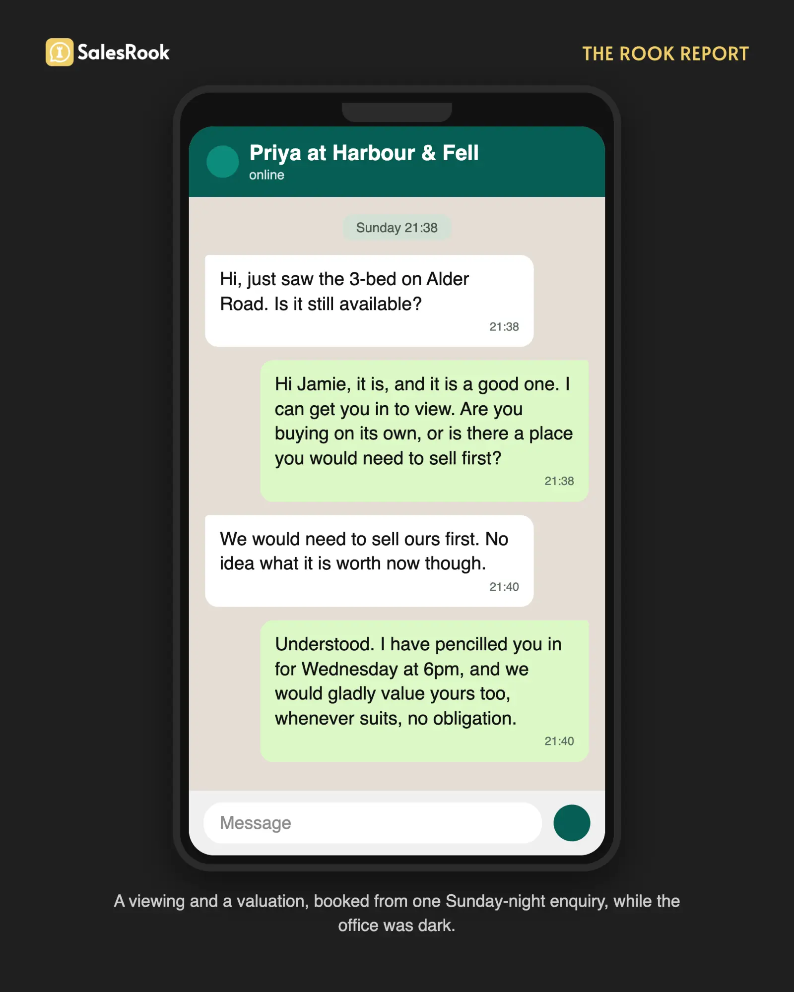 WhatsApp mockup: a Sunday 9.38pm enquiry about a three-bed on Alder Road, answered instantly, booking a Wednesday viewing and offering a no-obligation valuation, all while the office was closed