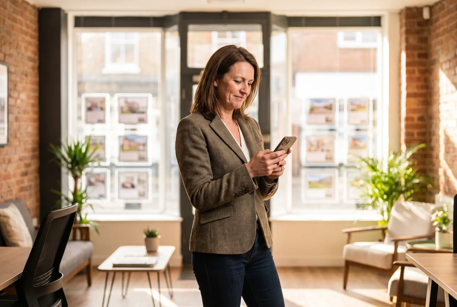 An estate agent working in a bright high-street office, replying to an enquiry on her phone.