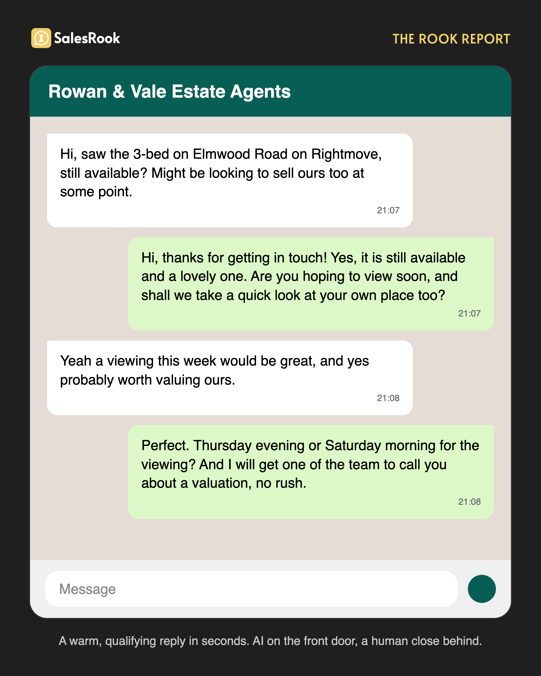 A phone showing a WhatsApp conversation where an estate agency AI replies warmly within seconds, asks one natural question and offers a viewing, without any robotic opt-out boilerplate