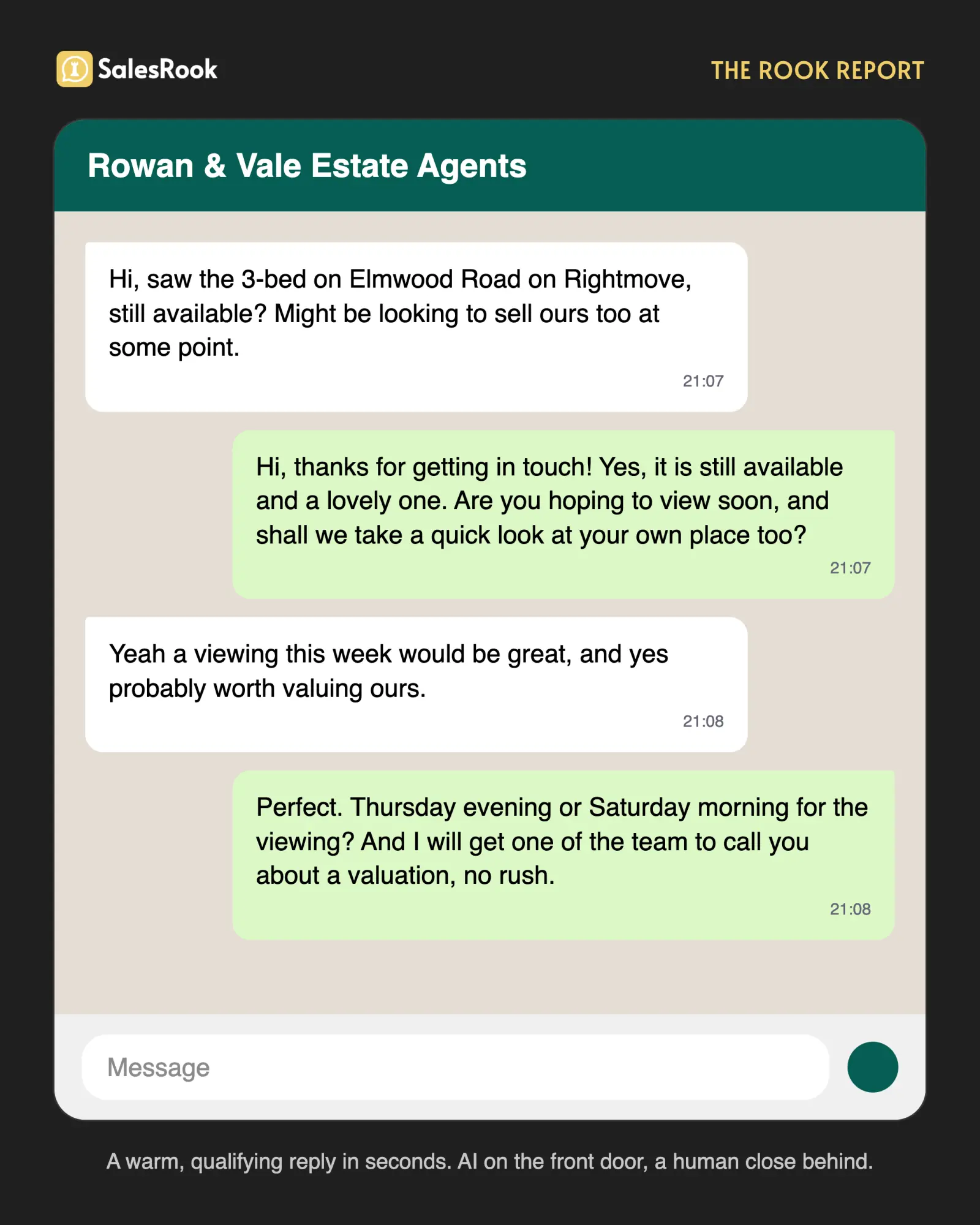 A phone showing a WhatsApp conversation where an estate agency AI replies warmly within seconds, asks one natural question and offers a viewing, without any robotic opt-out boilerplate