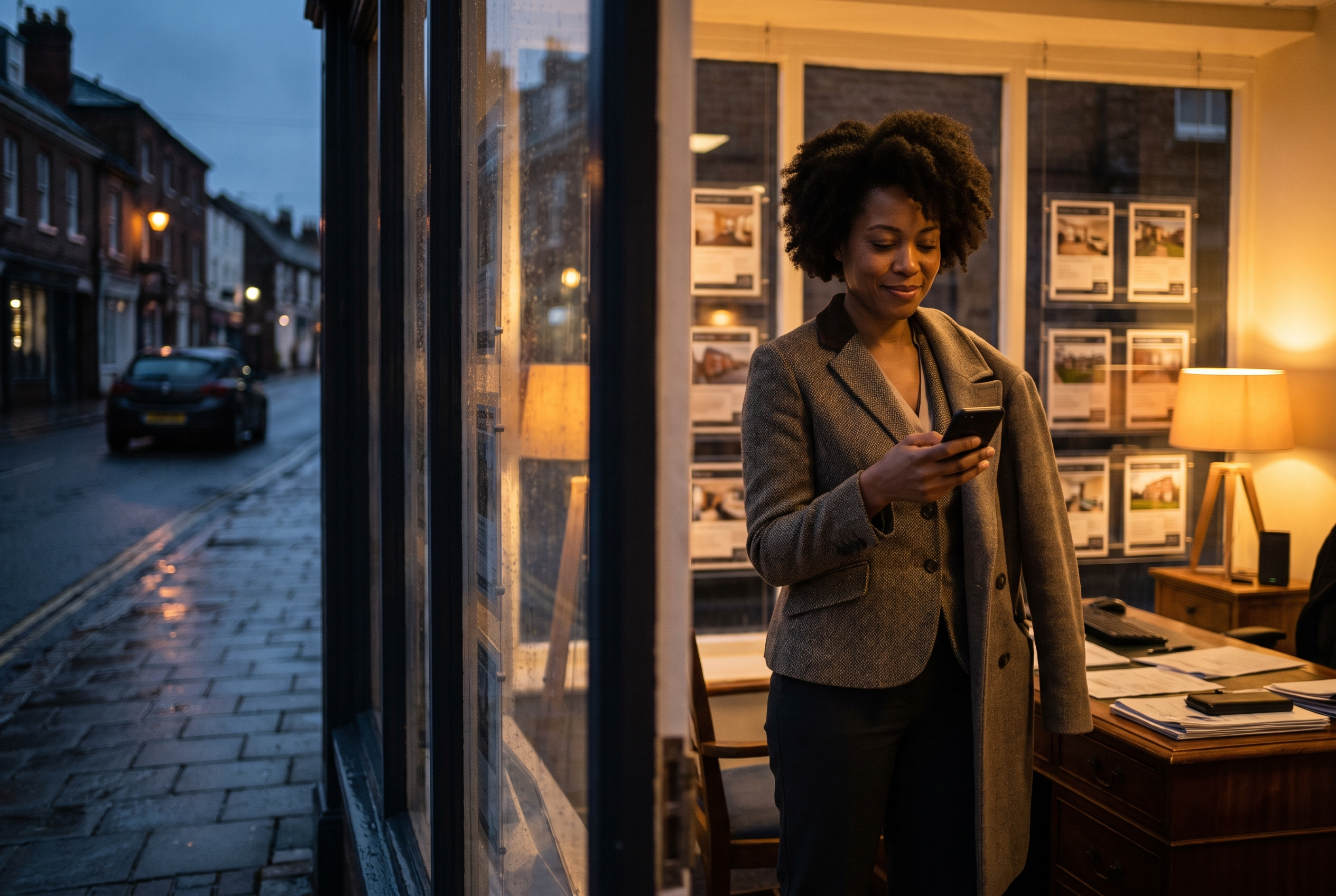 A person at home in the evening, a mug of tea beside them, replying to an estate agent enquiry on their phone.