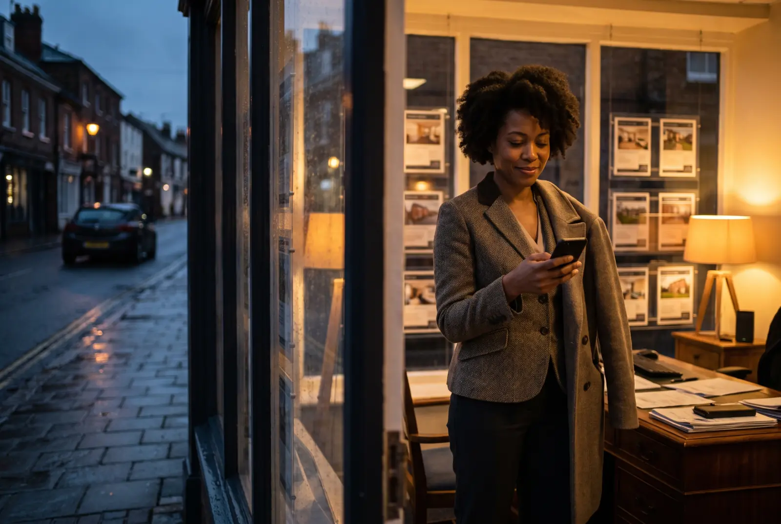 A person at home in the evening, a mug of tea beside them, replying to an estate agent enquiry on their phone.