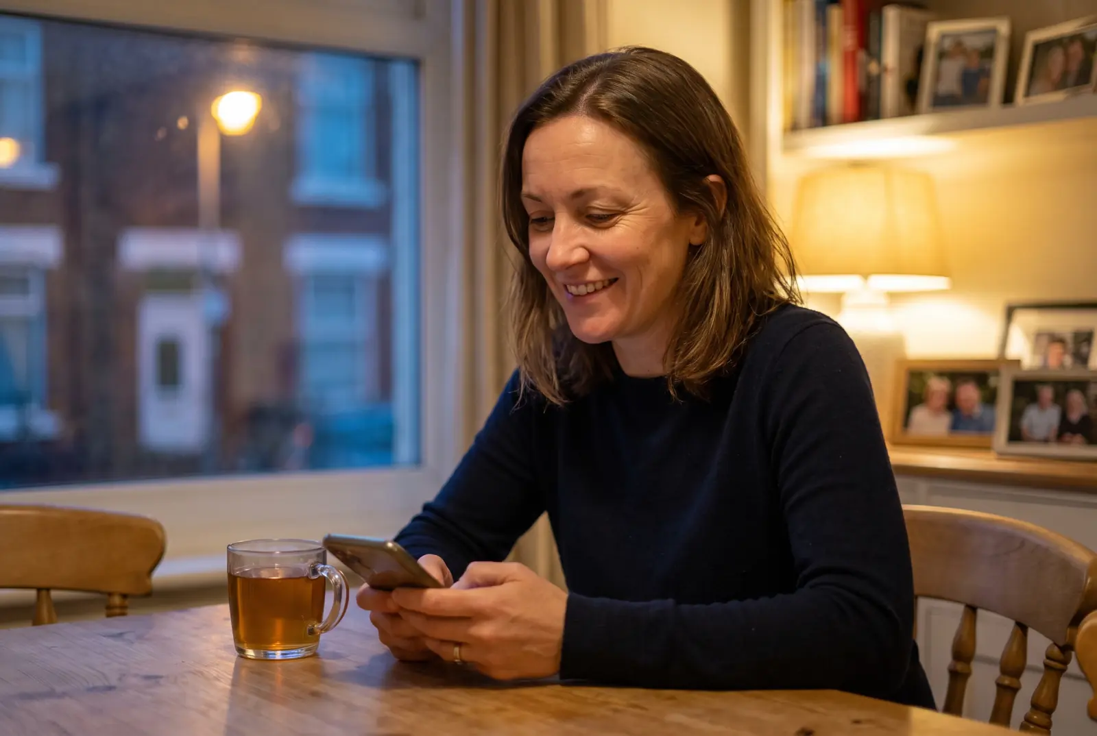 A woman at her kitchen table in the evening, a mug of tea beside her, looking at a property enquiry on her phone.