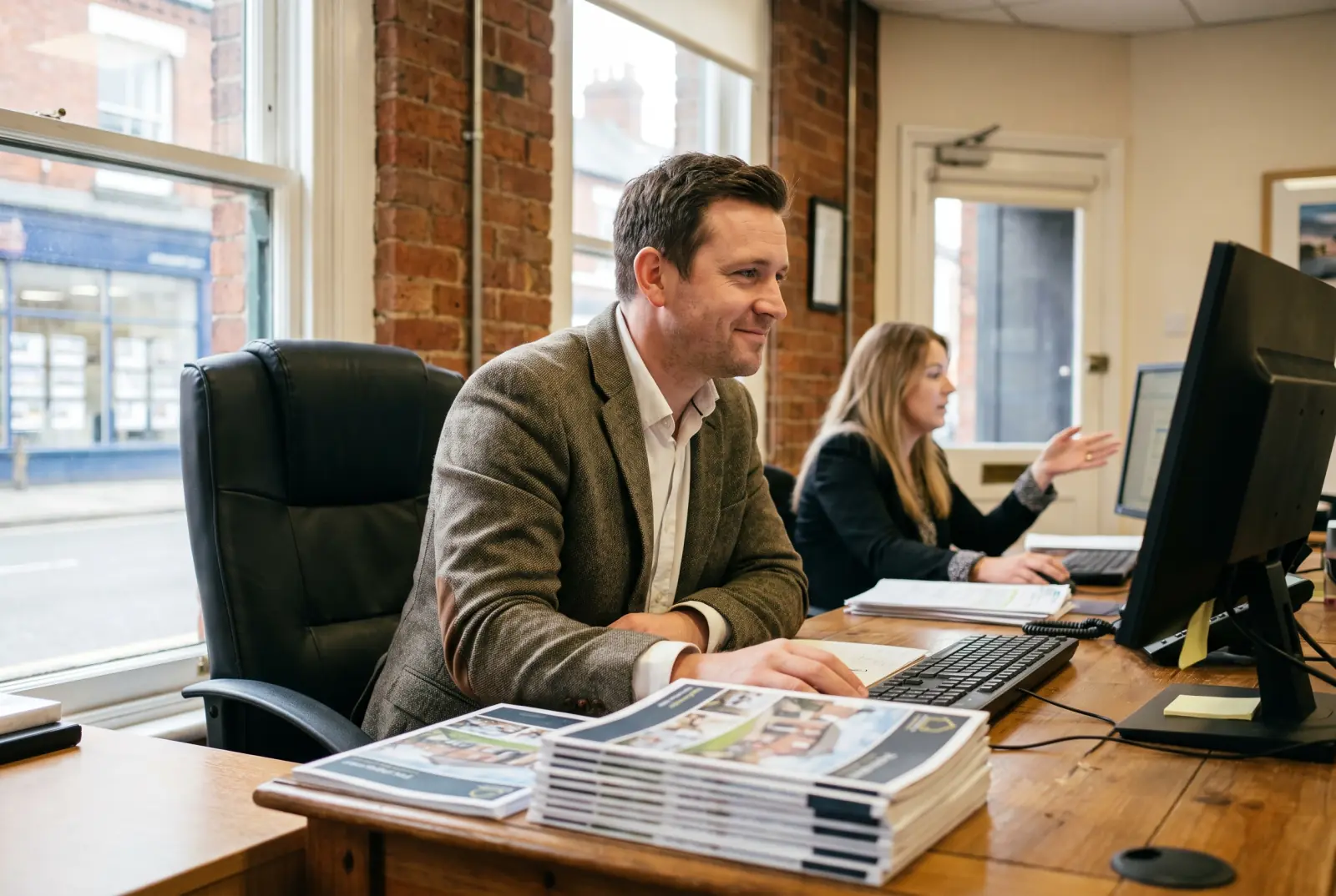 An estate agent at a desk in a high-street branch office, working at a computer with a colleague behind him.