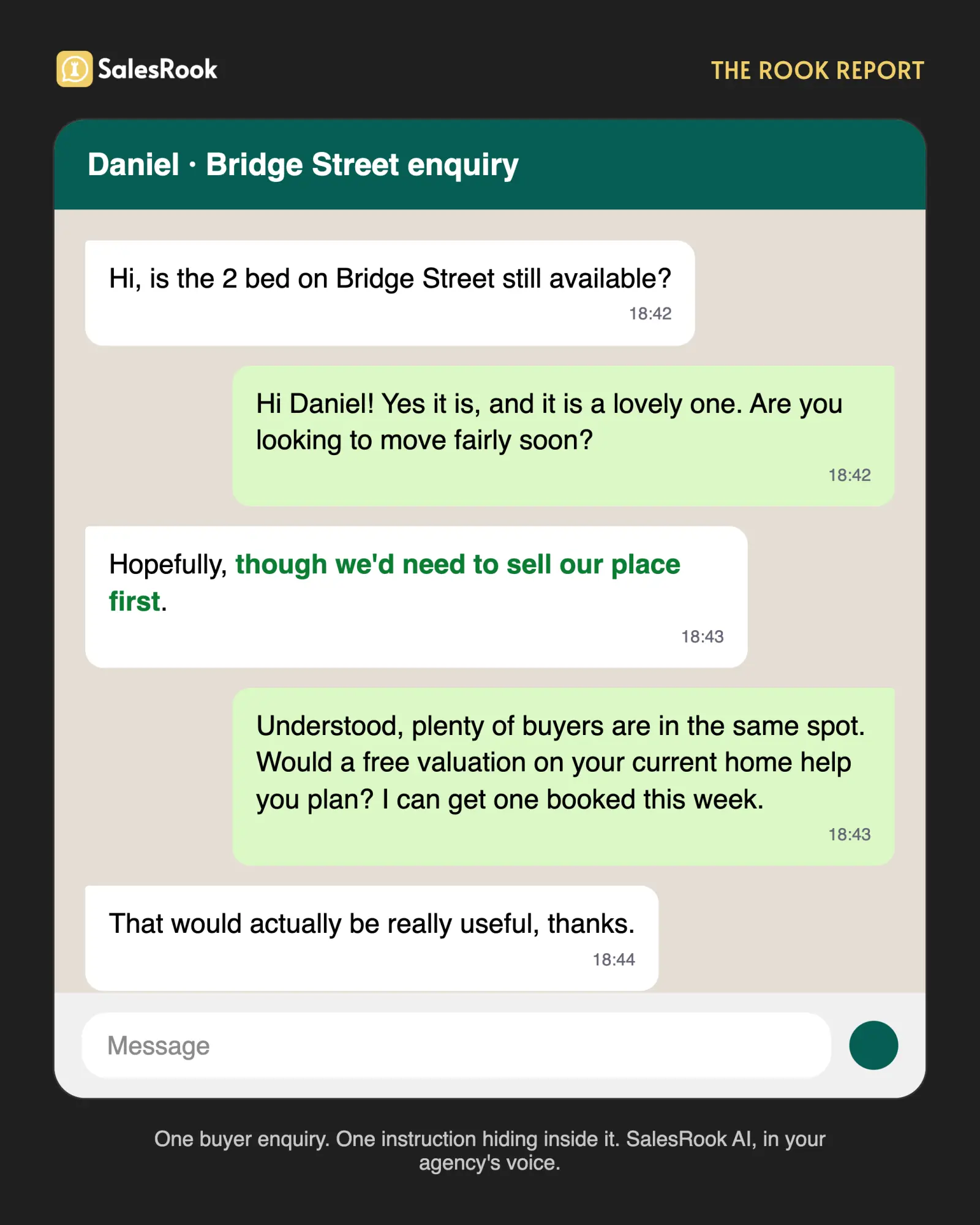 A WhatsApp phone mockup: a buyer asks whether a two-bed flat is still available, then mentions they will need to sell their own place first. The reply warmly offers a free valuation, surfacing an instruction hidden inside a plain enquiry.