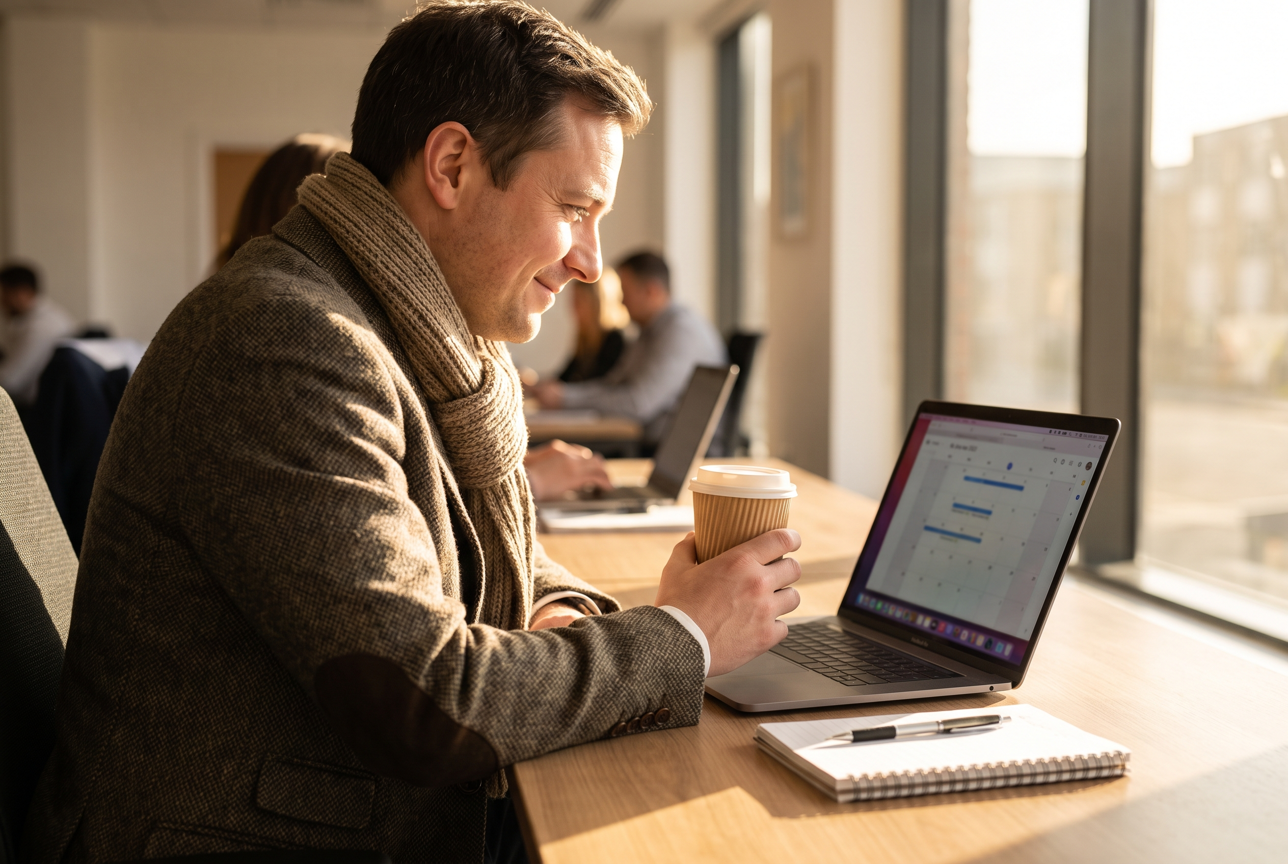 A mortgage adviser at a desk in the morning, coffee in hand, looking at a calendar of appointments on a laptop.