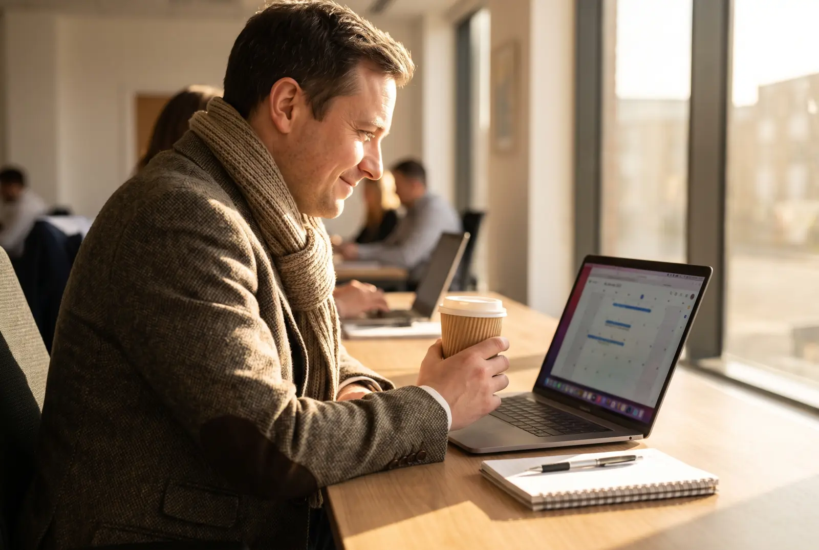 A mortgage adviser at a desk in the morning, coffee in hand, looking at a calendar of appointments on a laptop.