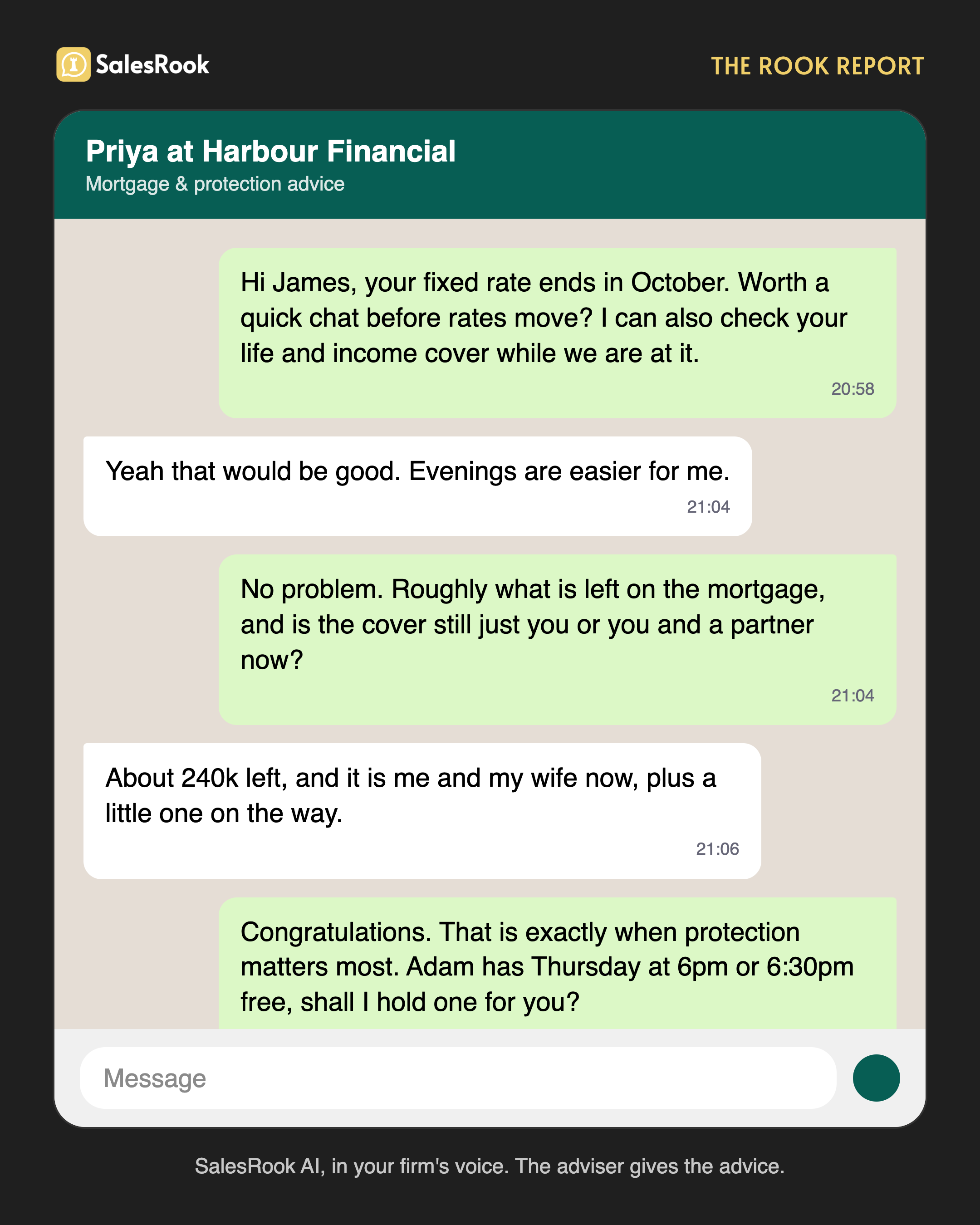 WhatsApp mockup of an AI, in a broker firm's voice, reaching out to an existing customer whose fixed rate ends in October, checking their protection cover, and offering an adviser appointment slot