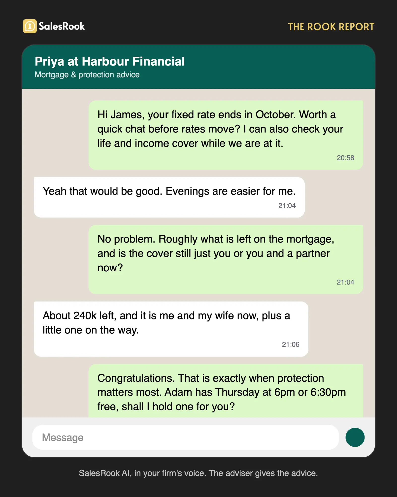 WhatsApp mockup of an AI, in a broker firm's voice, reaching out to an existing customer whose fixed rate ends in October, checking their protection cover, and offering an adviser appointment slot