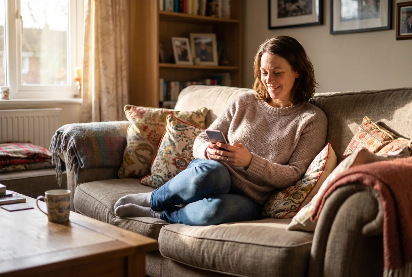 A UK homebuyer relaxing on a sofa, smiling as she reads a warm message on her phone