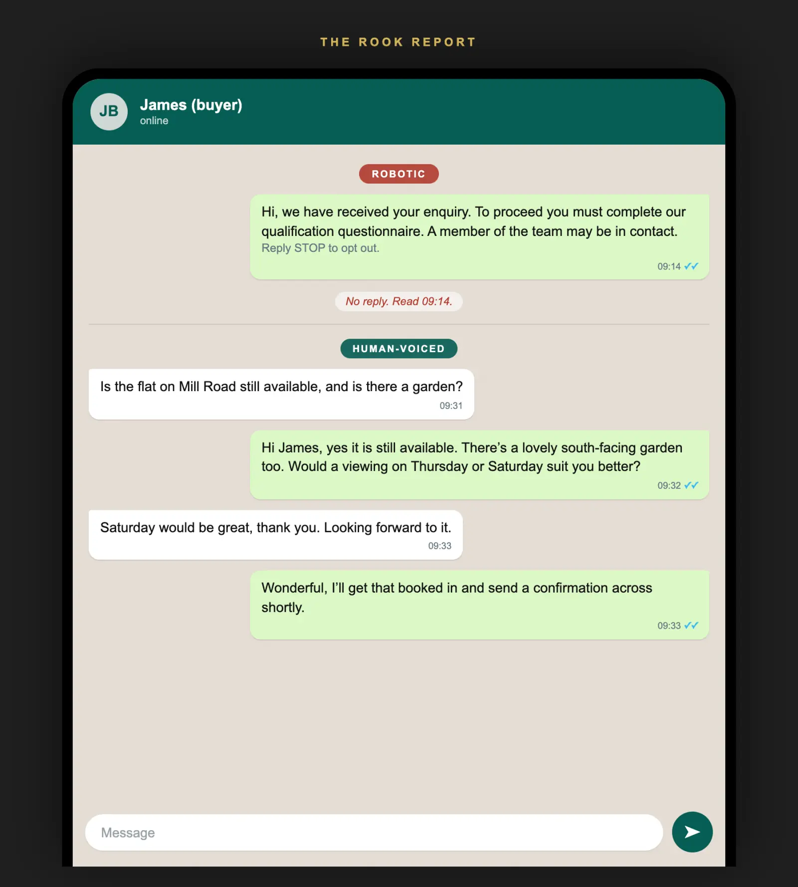 Two WhatsApp replies compared: a robotic scripted message ending in reply STOP to opt out that gets no reply, next to a warm human-voiced reply that answers the question and books a viewing