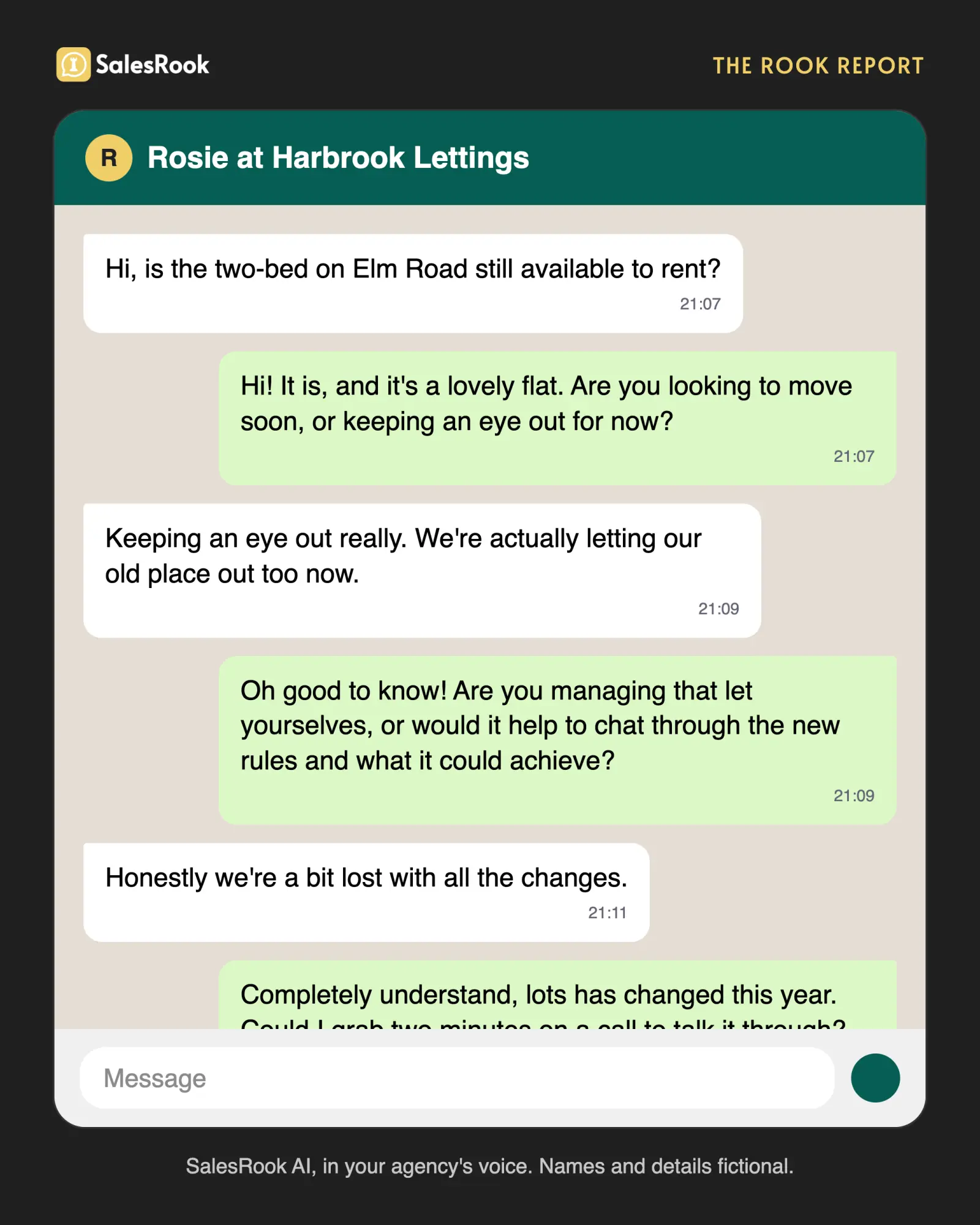 A WhatsApp mockup showing a tenant enquiry about a flat that gently surfaces a landlord: the AI persona notices the sender is letting out their old place, asks whether they need help with the new rules, and offers a low-stakes two-minute call. Names and details are fictional.