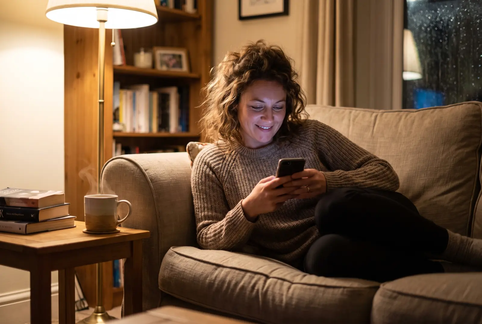 A UK homebuyer relaxing on a sofa in the evening, smiling as she reads a warm WhatsApp reply from an estate agent on her phone