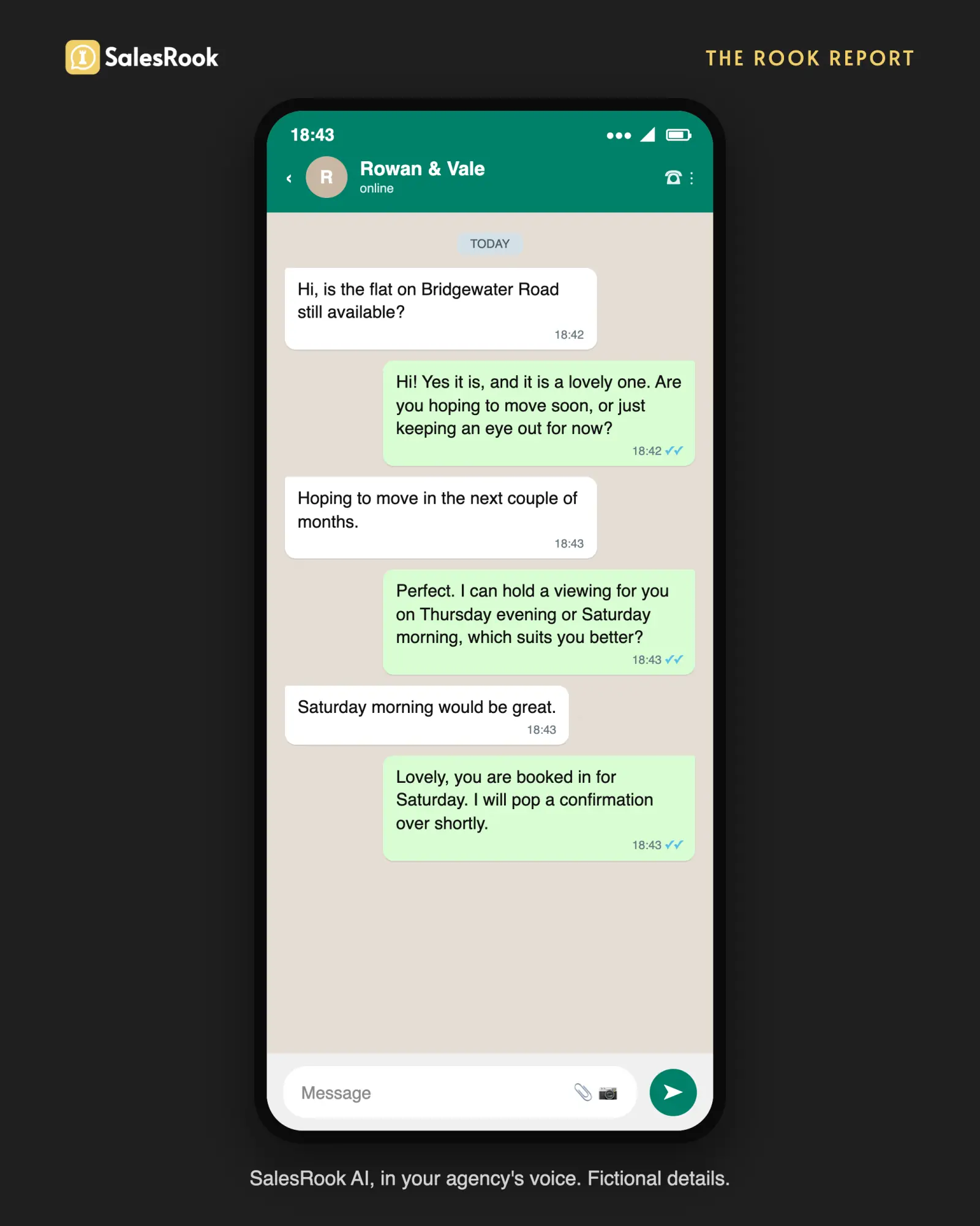Phone-frame WhatsApp chat: a buyer asks at 18:42 if a flat is still available; the AI replies warmly in seconds, qualifies their timeline and offers a viewing Thursday or Saturday. Fictional details.