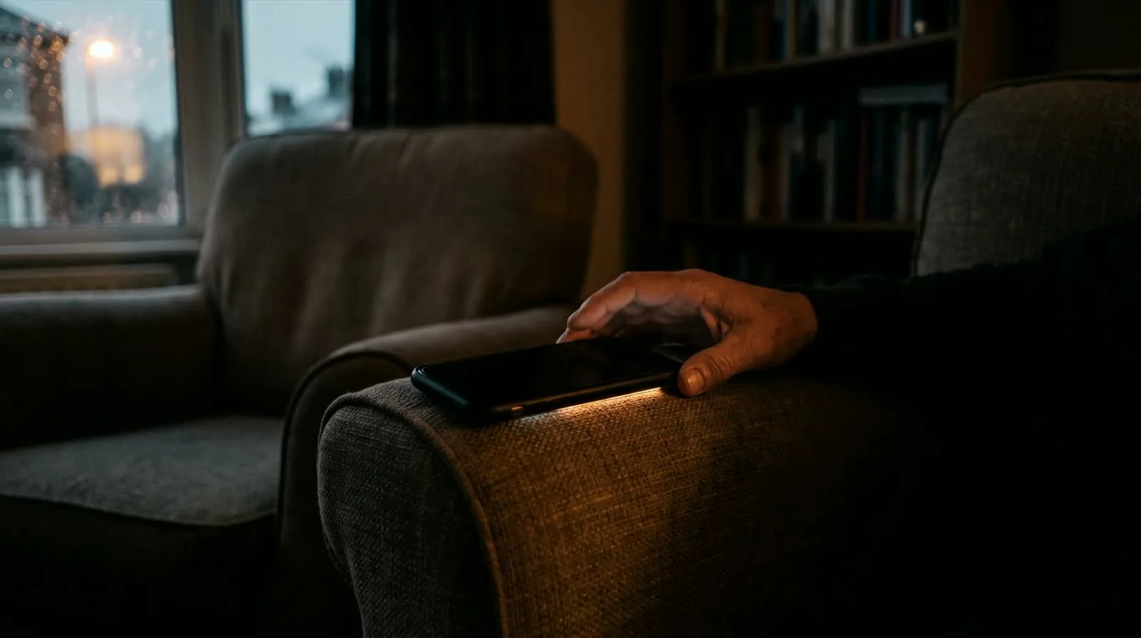 A hand resting on a phone left face-down on the arm of a sofa in a dark living room, a missed call from an unknown number unanswered