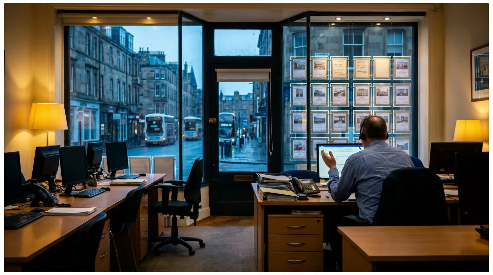 A negotiator on the phone at a desk inside a UK high street estate agency at first light, listing cards filling the window and a wet street outside