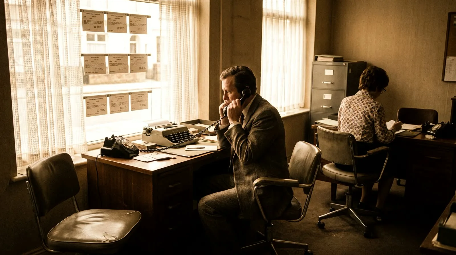 An estate agency office of the 1970s, a man on a corded telephone at a wooden desk beside a typewriter and a card index
