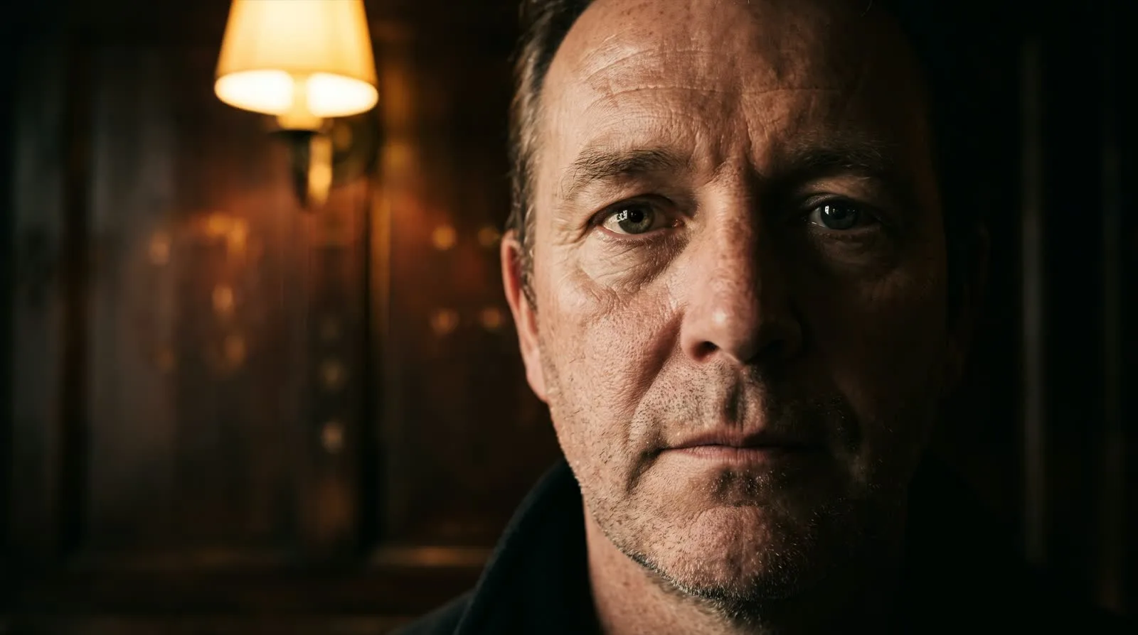 A close portrait of a face lit by a single lamp, almost but not quite natural, illustrating the uncanny valley