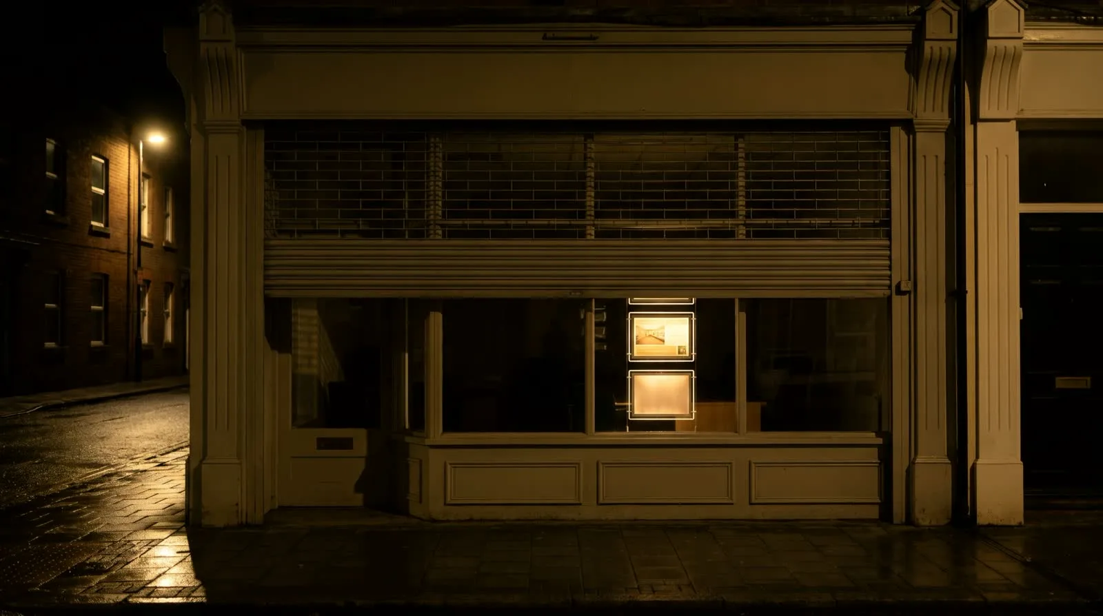 A shuttered high street estate agency at night, one illuminated window card still lit above an empty wet pavement