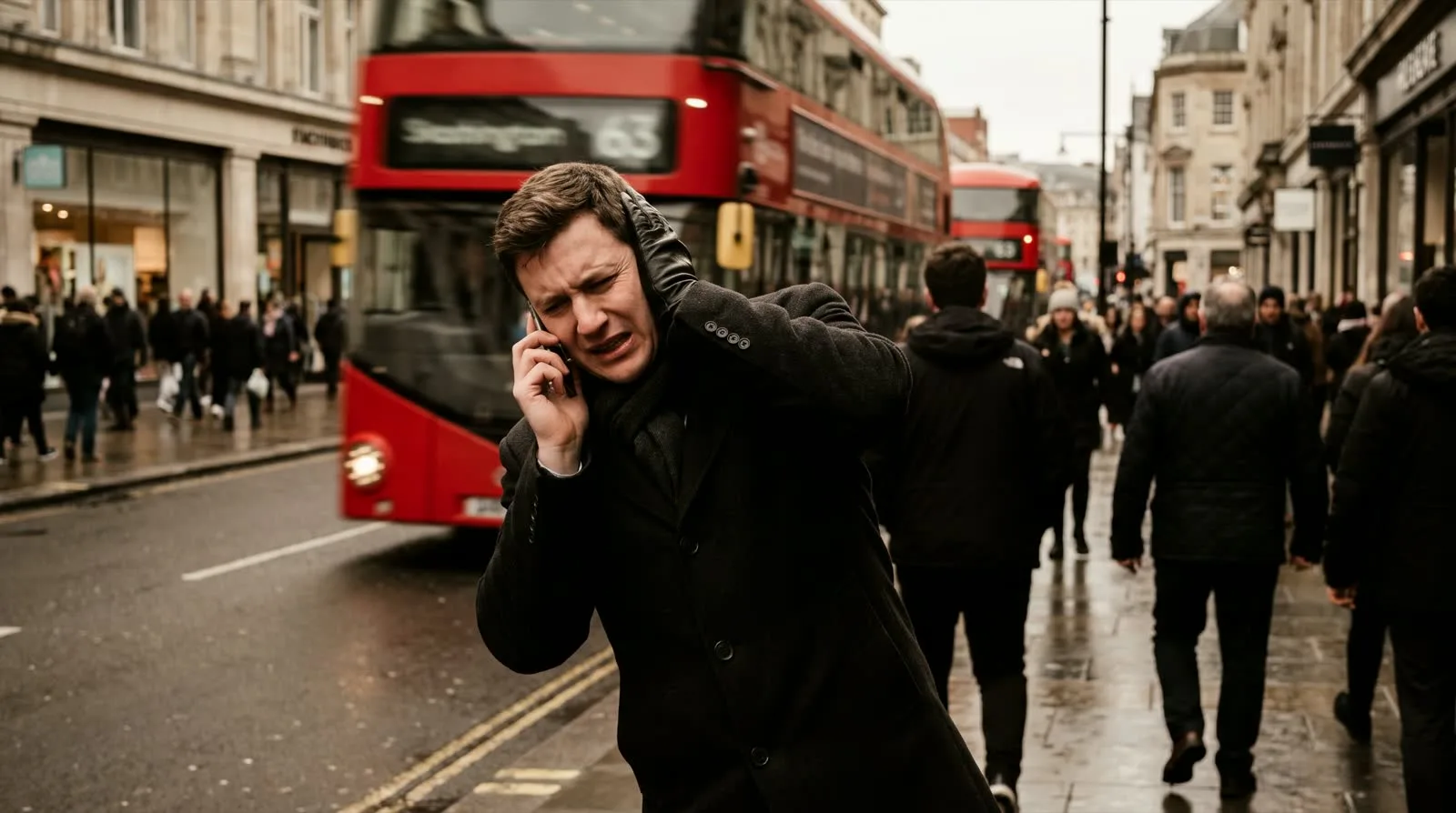 A man on a mobile phone on a busy London street, one ear covered, straining to hear over traffic and a passing bus