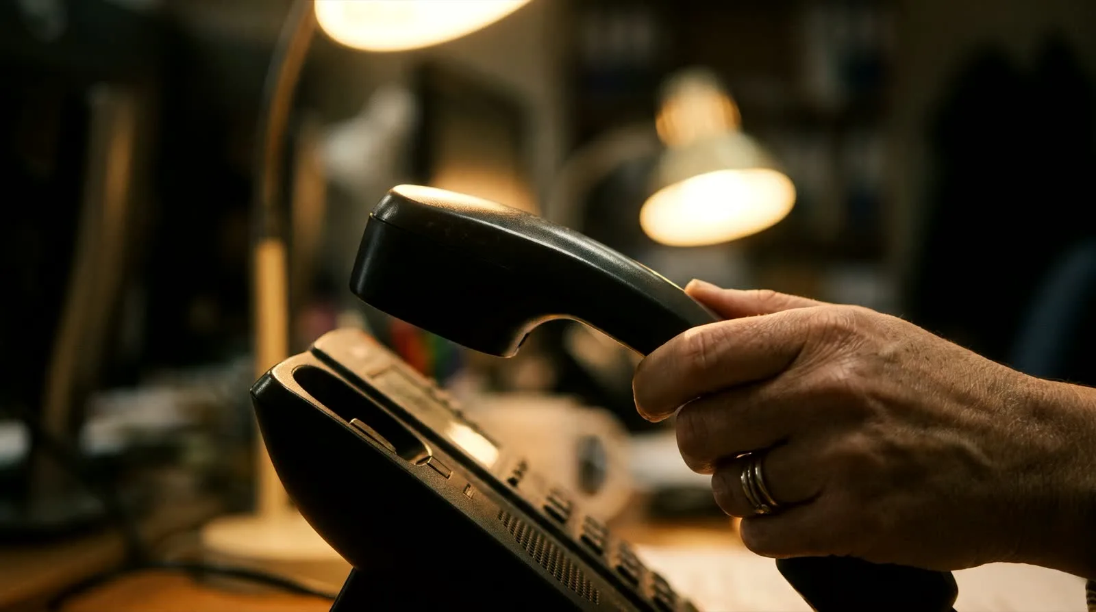A hand lifting a corded desk telephone handset under warm office lamps, the receiver caught mid-air