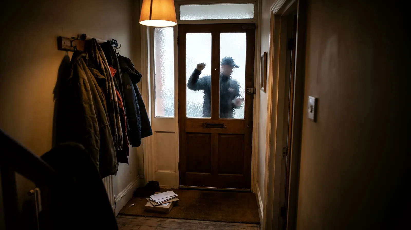 A blurred figure with a hand raised to knock, seen through the frosted glass of a front door from the dim hallway inside